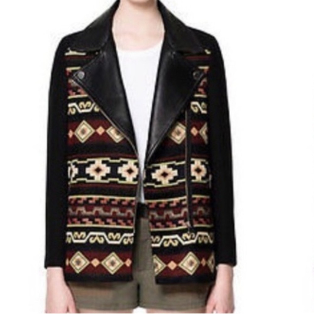 NWOT Zara Embroidered Aztec Tribal Moto Leather Trim Jacquard Jacket Size Medium